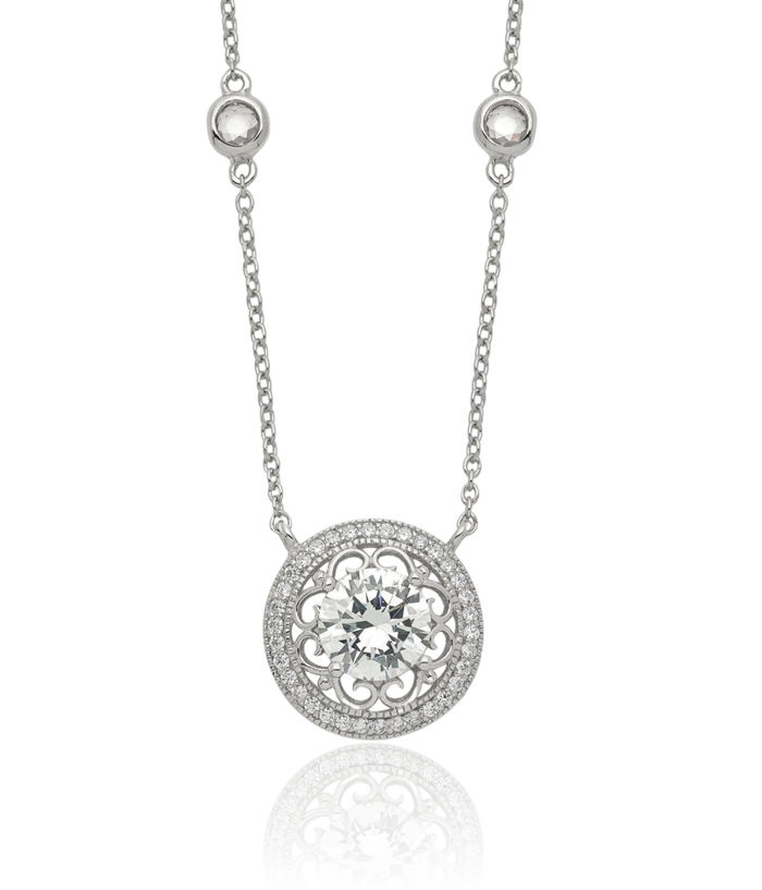 925 Sterling Silver Round Cubic Zirconia CZ Pendant 4 Station Necklace