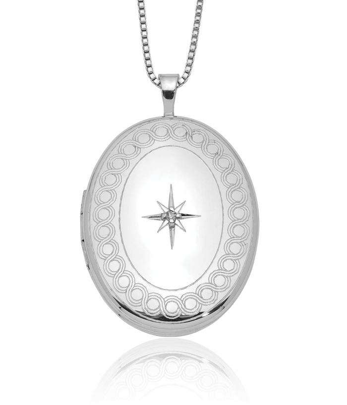 925 Sterling Silver Circle Round Diamond Oval Personalized Photo Locket Chain Necklace