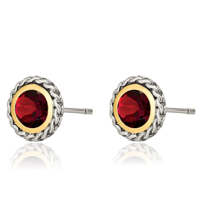 925 Sterling Silver Vintage Round Red Garnet Studs Gemstone Earrings