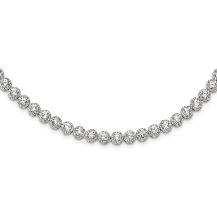 925 Sterling Silver Round Halo Cubic Zirconia CZ Chain Necklace