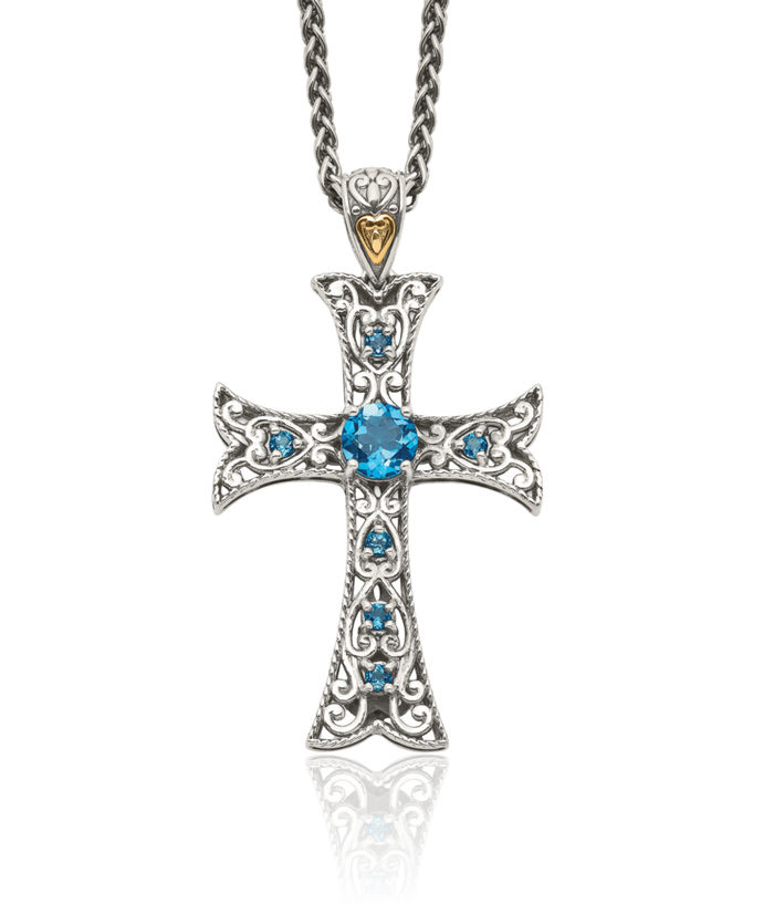 925 Sterling Silver Vintage Round London Blue Topaz Holy Cross Necklace