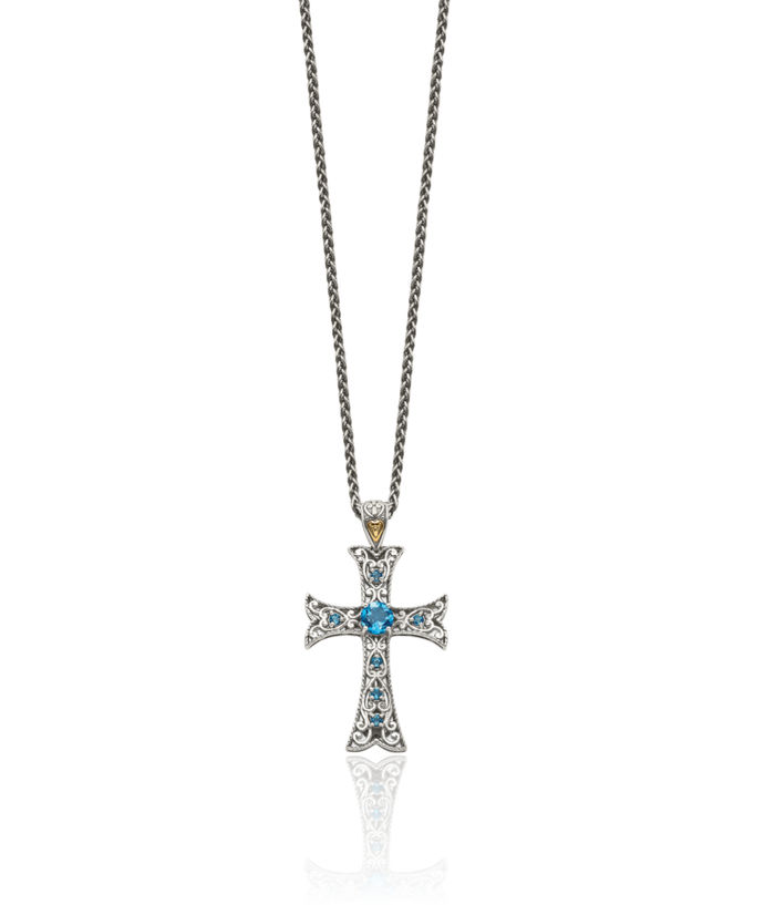 925 Sterling Silver Vintage Round London Blue Topaz Holy Cross Necklace