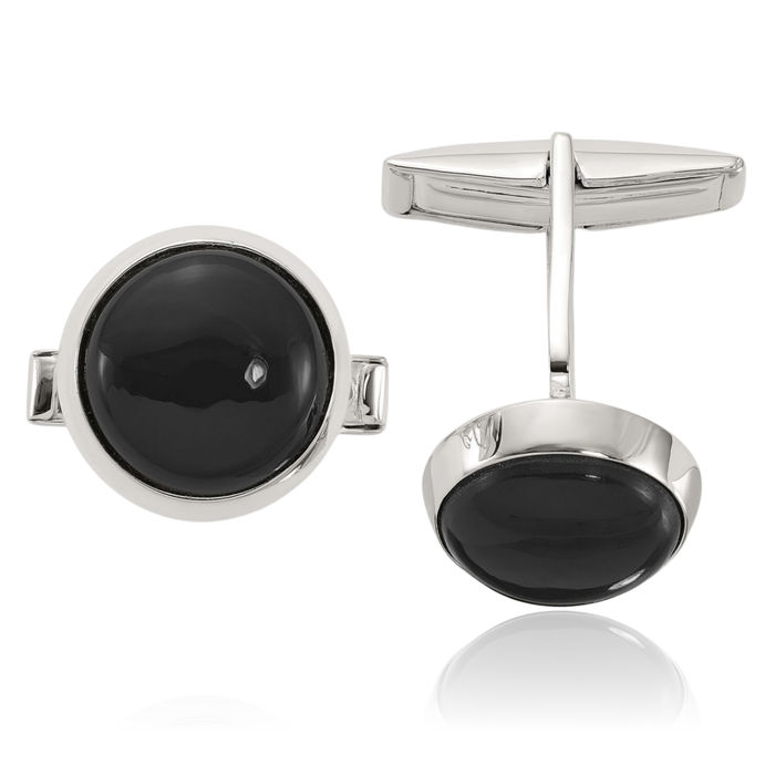 925 Sterling Silver Round Black Onyx Cuff Links