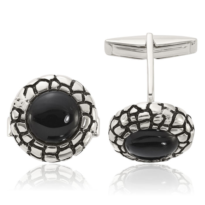 925 Sterling Silver Round Black Onyx Cuff Links