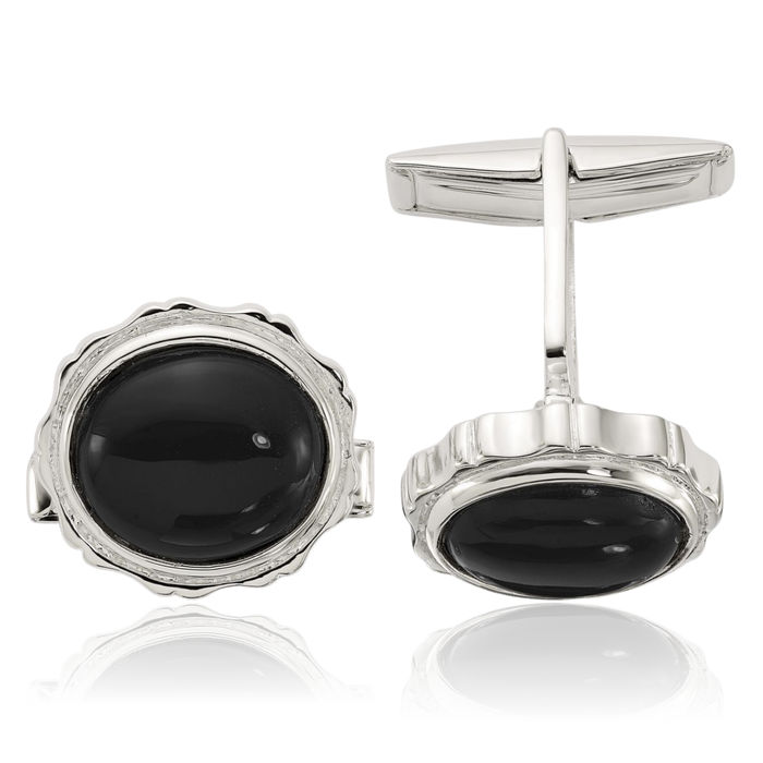 925 Sterling Silver Round Black Onyx Cuff Links