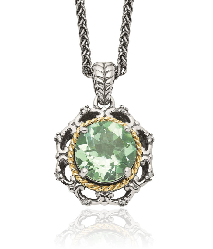925 Sterling Silver Vintage Round Green Quartz Diamond Chain Necklace Gemstone Pendant Charm