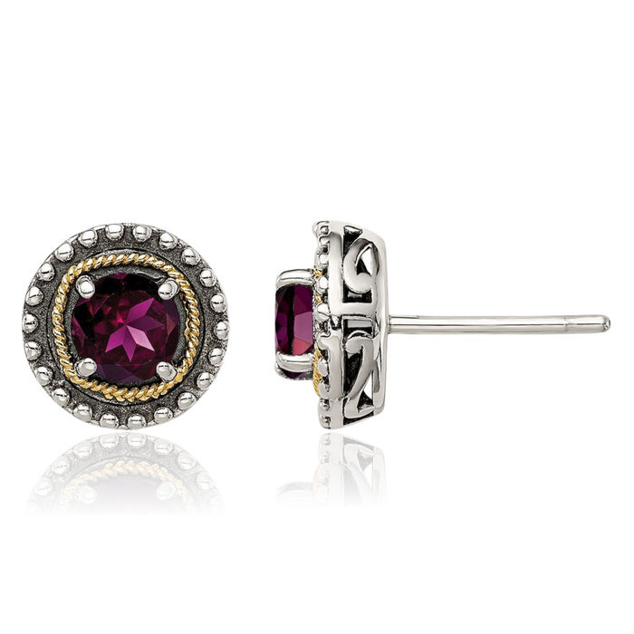 925 Sterling Silver Vintage Round Purple Rhodolite Garnet Studs Gemstone Earrings