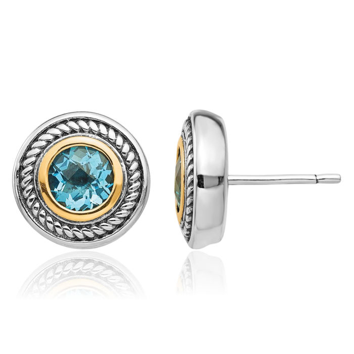 925 Sterling Silver Vintage Round Sky Blue Topaz Stud Earrings