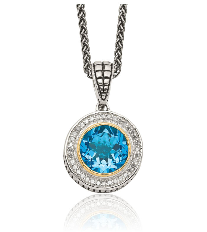 925 Sterling Silver Vintage Round Swiss Blue Topaz Diamond Chain Necklace Gemstone Pendant Charm