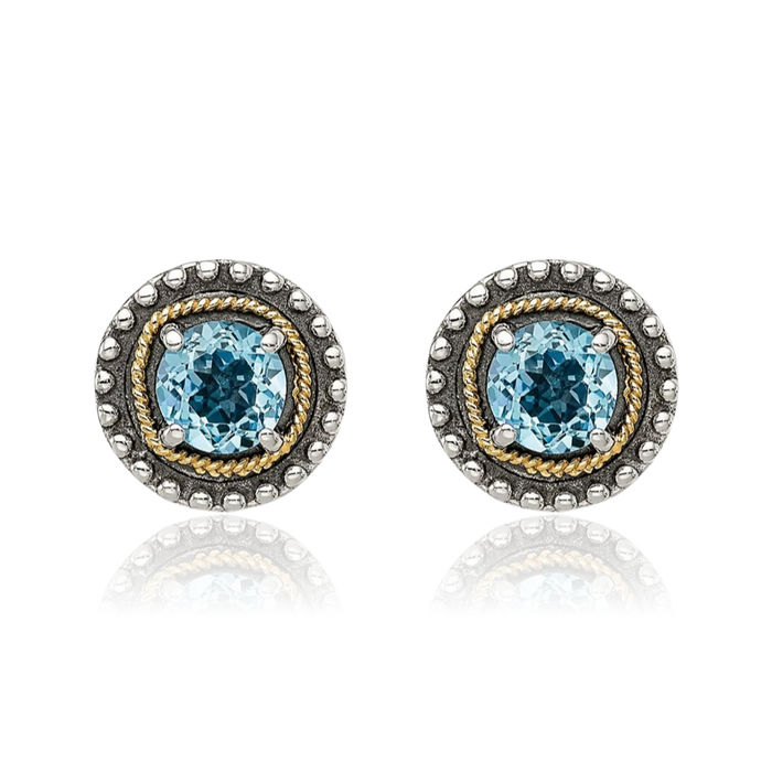 925 Sterling Silver Vintage Round Swiss Blue Topaz Studs Gemstone Earrings