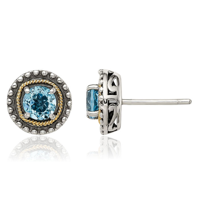 925 Sterling Silver Vintage Round Swiss Blue Topaz Studs Gemstone Earrings