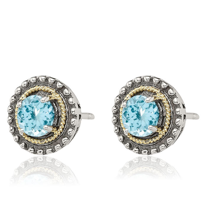 925 Sterling Silver Vintage Round Swiss Blue Topaz Studs Gemstone Earrings