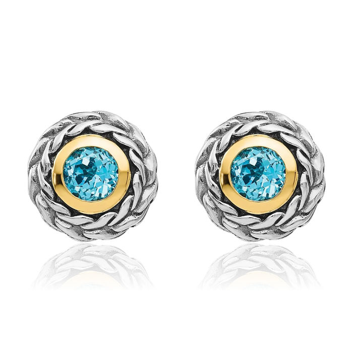 925 Sterling Silver Vintage Round Swiss Blue Topaz Studs Gemstone Earrings