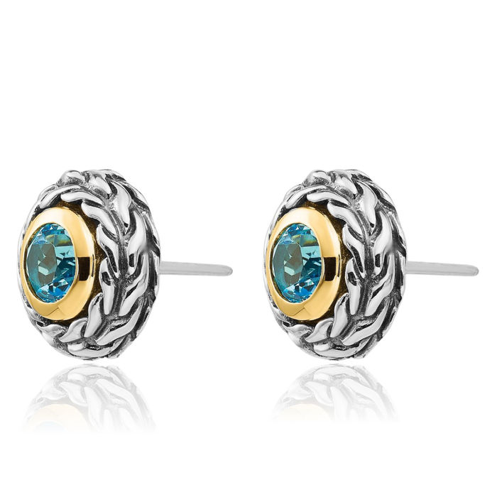 925 Sterling Silver Vintage Round Swiss Blue Topaz Studs Gemstone Earrings