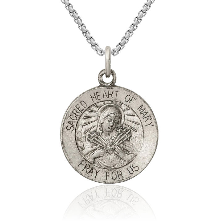 925 Sterling Silver Vintage Sacred Heart of Blessed Mother Mary Medal Necklace Chain Pendant Charm