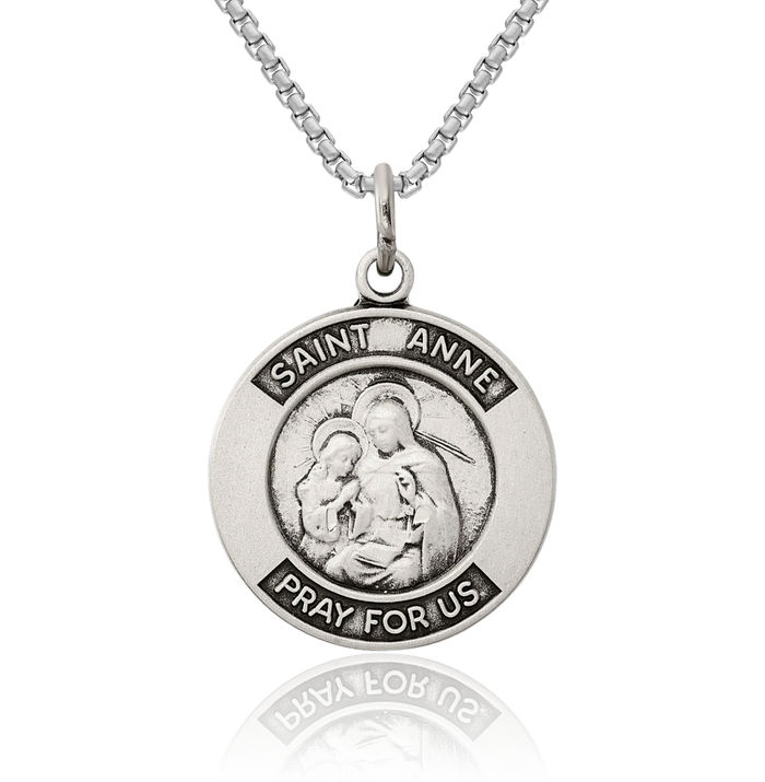 925 Sterling Silver Vintage Saint Anne Medal Necklace Chain Pendant Charm