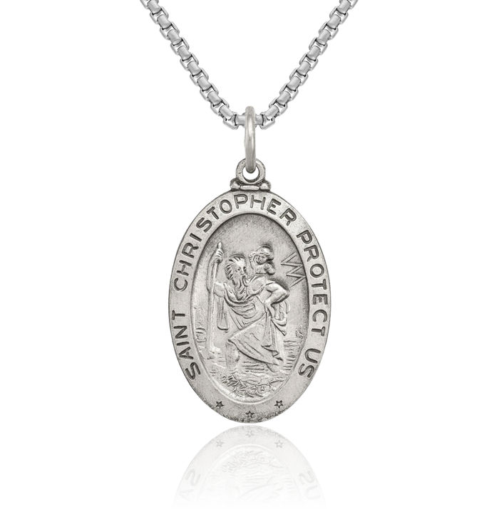 925 Sterling Silver Vintage Saint Christopher Hockey Goalie Stick Puck Glove Medal Patron of Travelers Athletes Protection Necklace Charm Sports Pendant