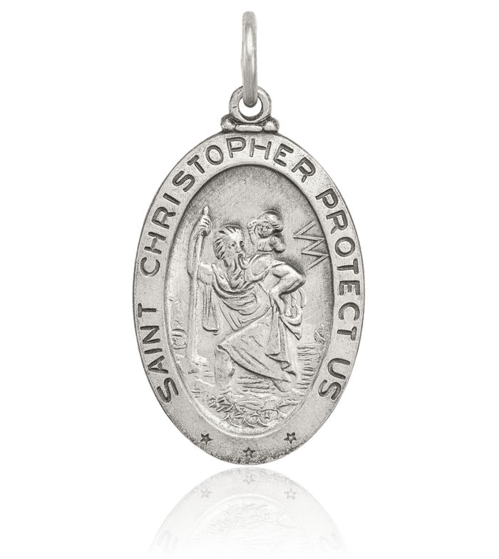 925 Sterling Silver Vintage Saint Christopher Hockey Goalie Stick Puck Glove Medal Patron of Travelers Athletes Protection Necklace Charm Sports Pendant