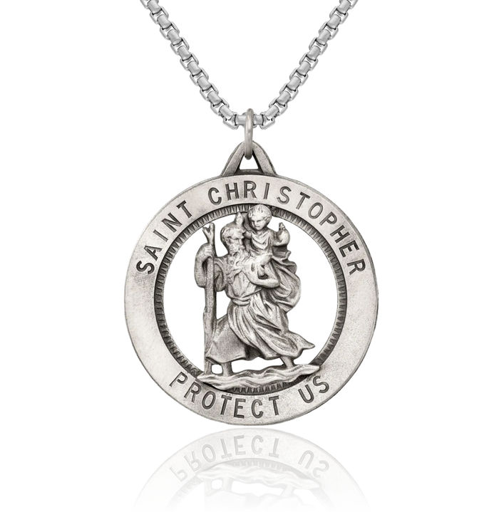 925 Sterling Silver Vintage Saint Christopher Medal Patron of Travelers Athletes Protection Necklace Christian Religious Chain Pendant Faith Charm