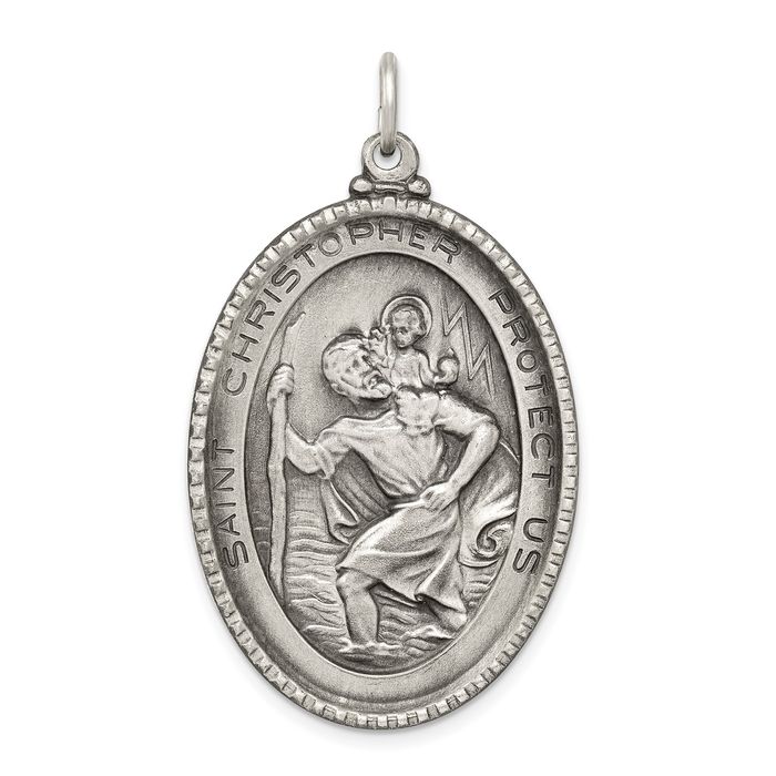 St Christopher Pendant Necklace In 925 Sterling Silver - Large Round Charm With Chain
