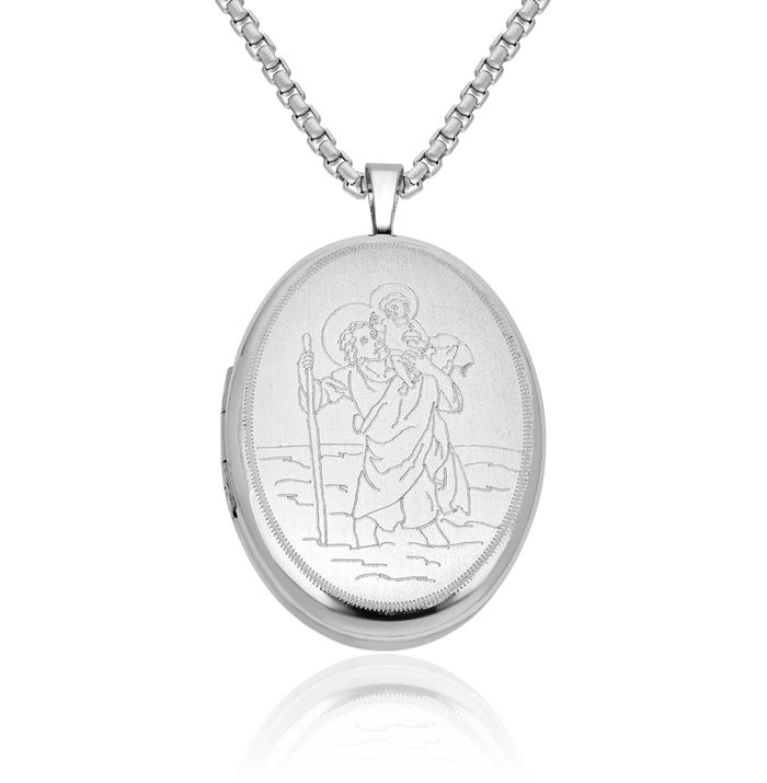 925 Sterling Silver Saint Christopher Patron of Travelers Athletes Protection Oval Personalized Photo Locket Medal Necklace Picture Pendant Charm