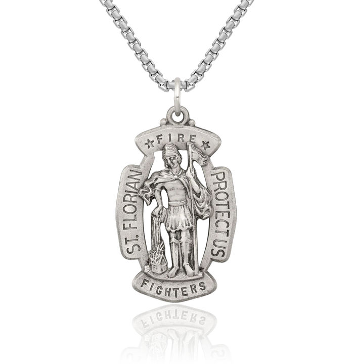 925 Sterling Silver Vintage Saint Florian Medal Necklace Chain Pendant Charm
