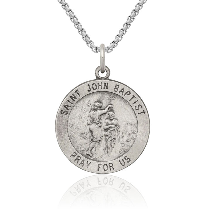 925 Sterling Silver Vintage Saint John Baptist Medal Necklace Chain Pendant Charm