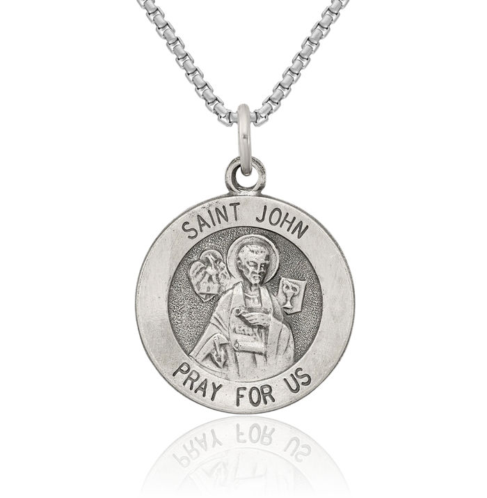 925 Sterling Silver Vintage Saint John Medal Evangelist Necklace Chain Pendant Charm