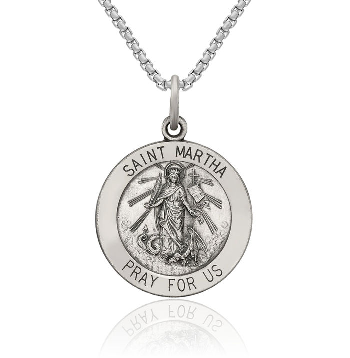 925 Sterling Silver Vintage Saint Martha Medal Necklace Chain Pendant Charm