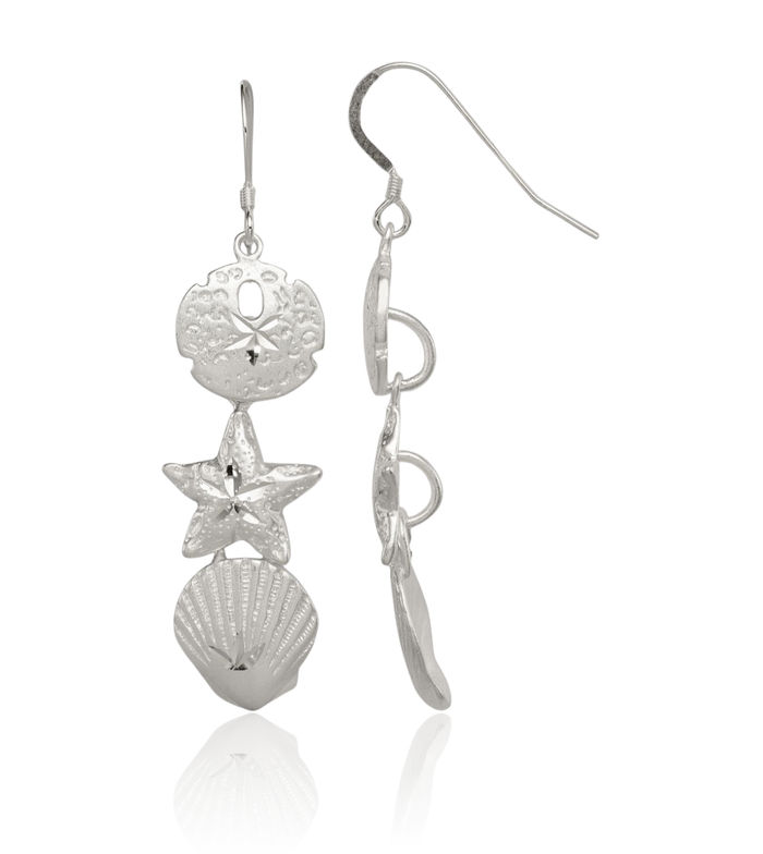 925 Sterling Silver Sand Dollar Sea Star Starfish Shell Drop Dangle Earrings