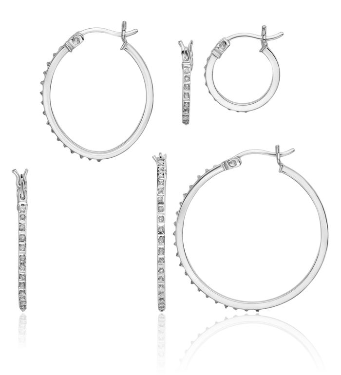 925 Sterling Silver Set of 3 Oval Round Diamond Medium Hoop Earrings