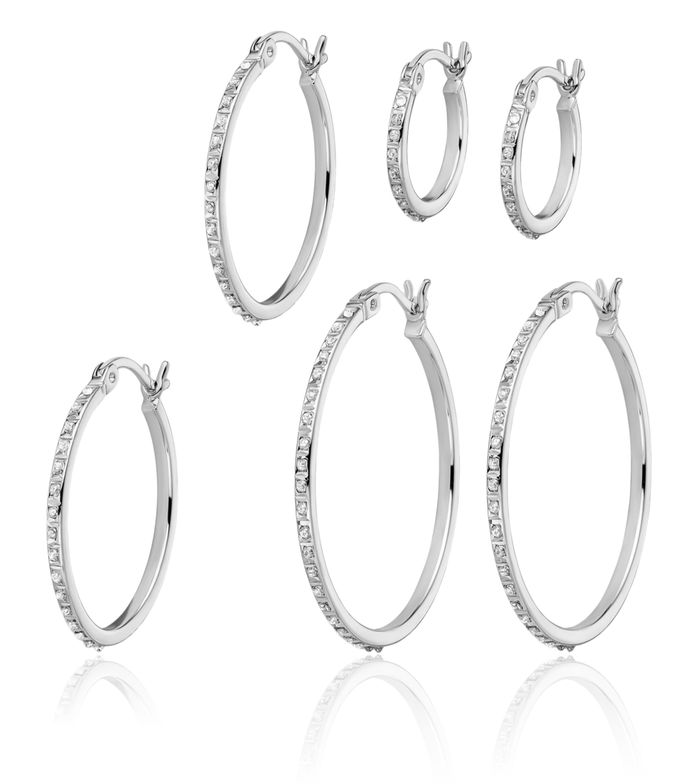 925 Sterling Silver Set of 3 Oval Round Diamond Medium Hoop Earrings