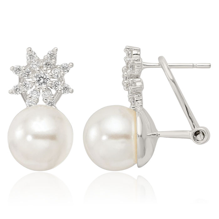 925 Sterling Silver Shell Pearl Cubic Zirconia CZ Flower Omega Clip Back Post Stud Earrings