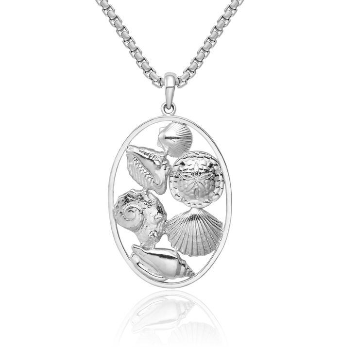 925 Sterling Silver Shells Oval Necklace Chain Pendant Charm