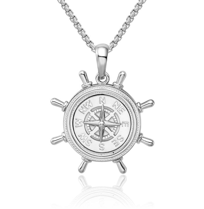 925 Sterling Silver Ships Wheel North Star Compass Necklace Nautical Charm Pendant