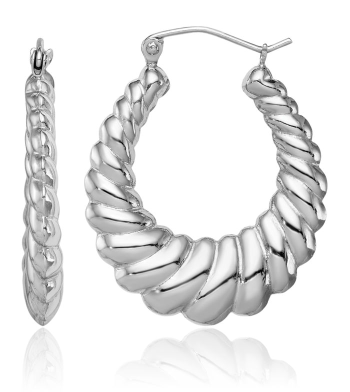 925 Sterling Silver Shrimp Oval Medium Hoop Earrings