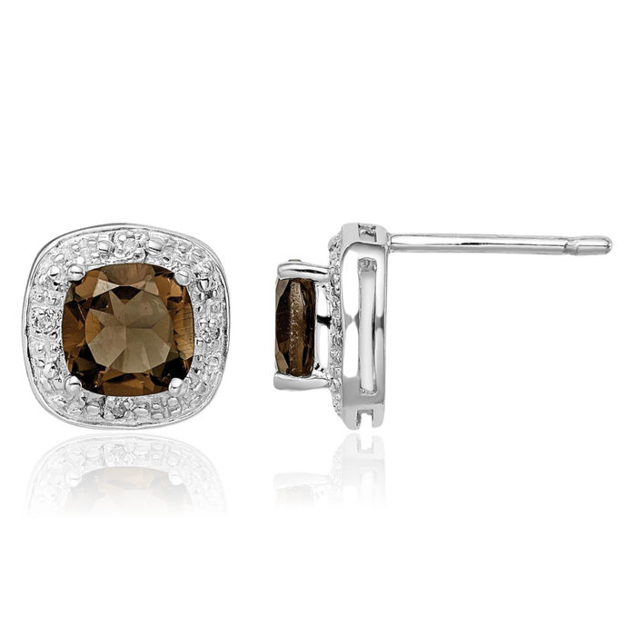 925 Sterling Silver Brown Smoky Quartz Diamond Stud Earrings