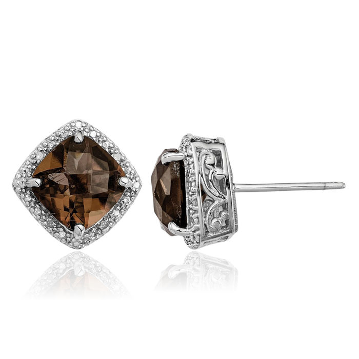 925 Sterling Silver Brown Smoky Quartz Diamond Stud Earrings June Birthstone Jewelry