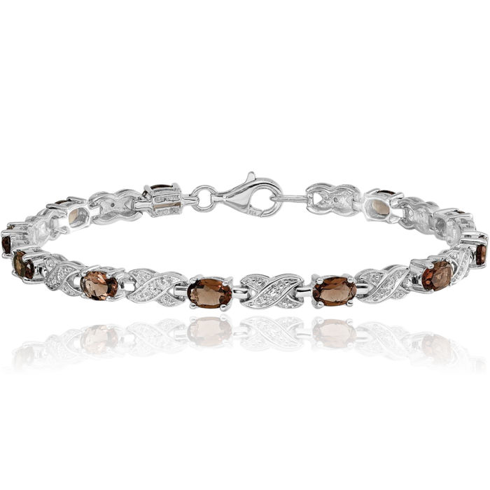 925 Sterling Silver Brown Smoky Quartz Chain Gemstone Tennis Bracelet