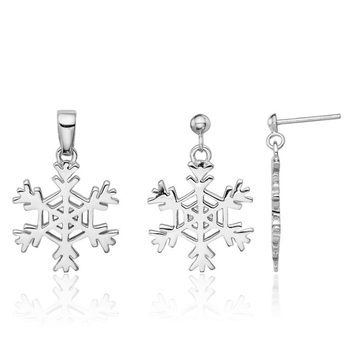 925 Sterling Silver Snowflake Stud Earrings Necklace Chain Pendant Charm Set