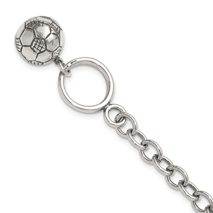 925 Sterling Silver Soccer Ball Single Link Chain Charm Bracelet