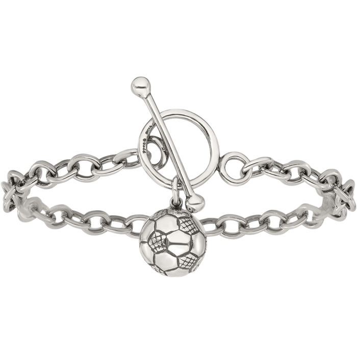 925 Sterling Silver Soccer Ball Single Link Chain Charm Bracelet