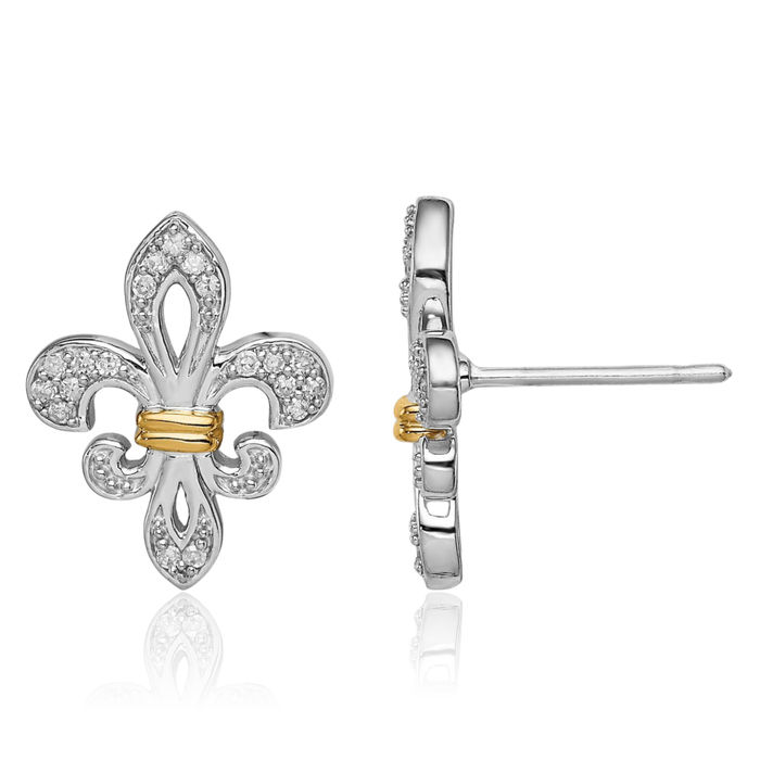 925 Sterling Silver Solid Yellow Gold Diamond French Fleur De Lis Lily Flower Stud Earrings