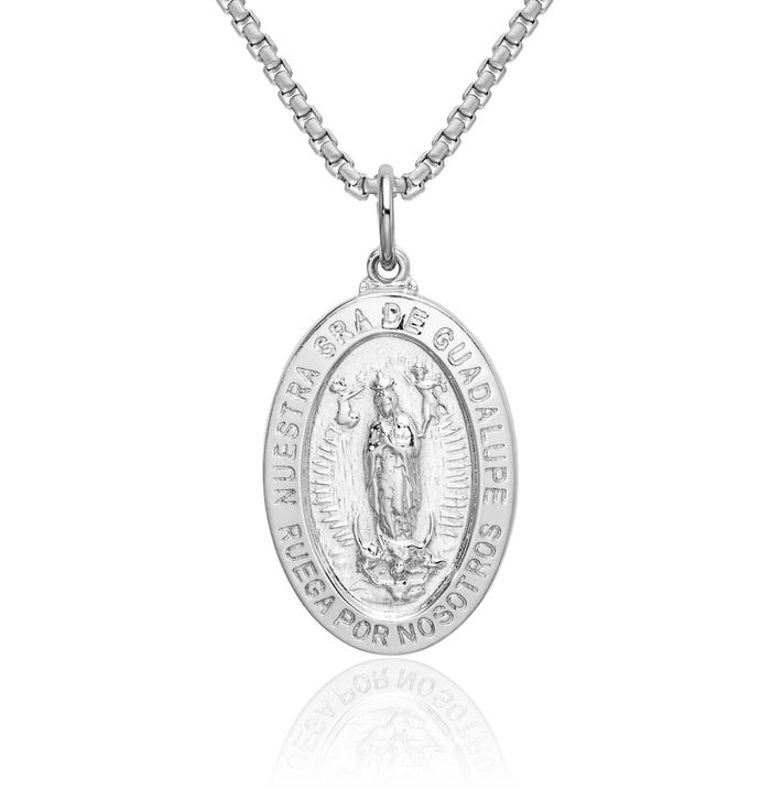 925 Sterling Silver Spanish Our Lady of Guadalupe Virgin Mary Medal Necklace Virgencita Maria Rosa Pendant Catholic Christian Holy Mother Medallion Charm