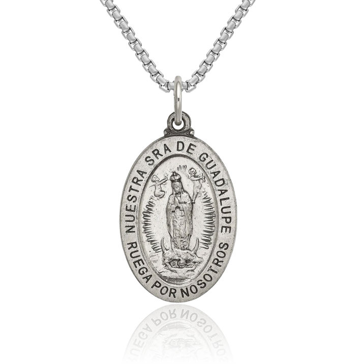 925 Sterling Silver Vintage Spanish Our Lady of Guadalupe Virgin Mary Medal Necklace Virgencita Maria Rosa Pendant Catholic Christian Holy Mother Medallion Charm