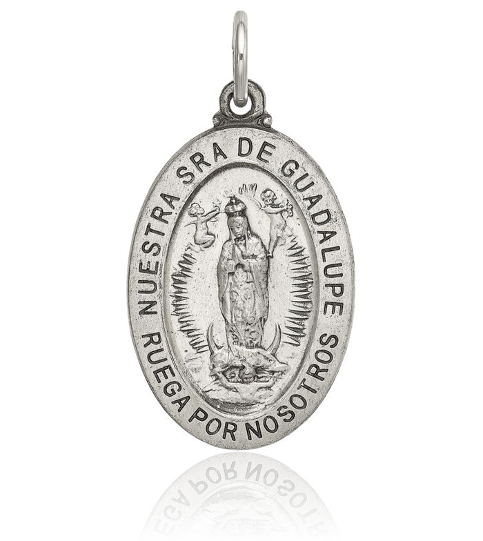 925 Sterling Silver Vintage Spanish Our Lady of Guadalupe Virgin Mary Medal Necklace Virgencita Maria Rosa Pendant Catholic Christian Holy Mother Medallion Charm