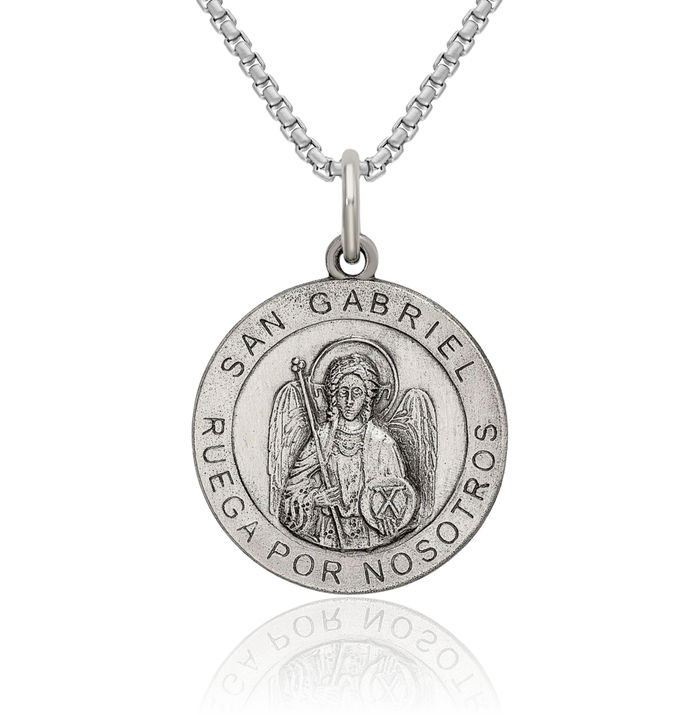 925 Sterling Silver Vintage Spanish Saint Gabriel Medal Necklace Chain Pendant Charm