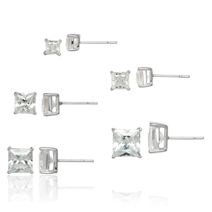 925 Sterling Silver Square Cubic Zirconia CZ 5 Pair Stud Earrings Set