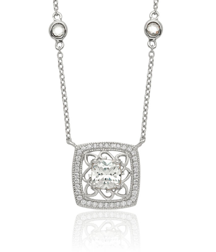 925 Sterling Silver Square Cubic Zirconia CZ Pendant 4 Station Necklace