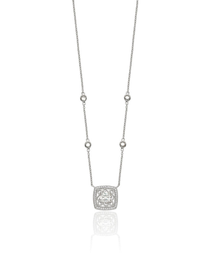 925 Sterling Silver Square Cubic Zirconia CZ Pendant 4 Station Necklace